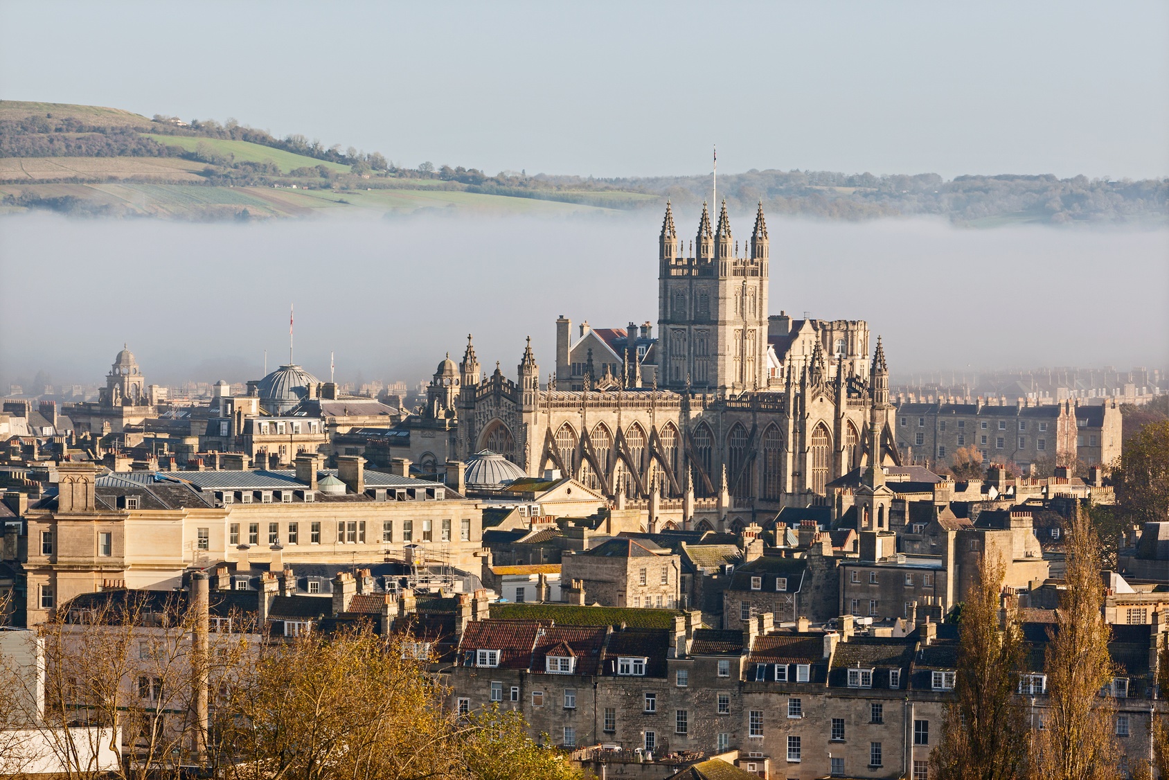 The historic city of Bath shrouded in mist on an autumn morning